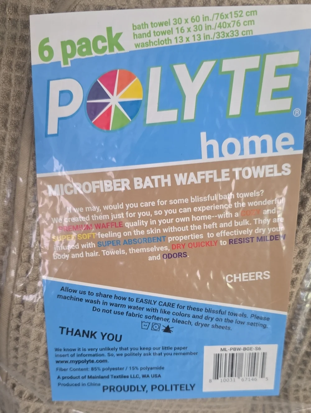 Polyte Microfiber Bath Waffle Towels 6 Pc Set, Bath, Hand, Washcloth Beige New